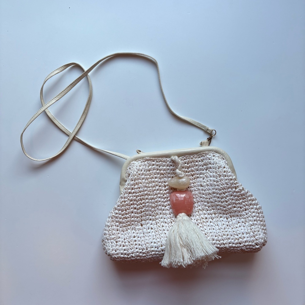 Kendra Scott || Lincoln Resin Stone Tassel Straw‎ Clutch Crossbody Ivory Cream - Picture 3 of 10